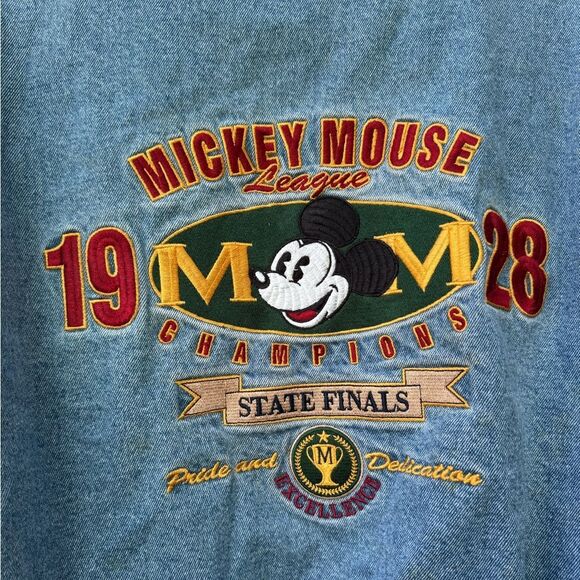 Disney Vintage Mickey Mouse 1928 Varsity "MOM" Embroidered Denim Bomber Jacket - Picture 5 of 9